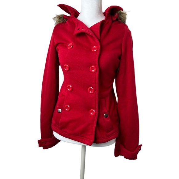 Wet Seal Jackets & Blazers - Wet Seal Red Pea Coat Jacket Lined Removable faux fur hood Womens Medium